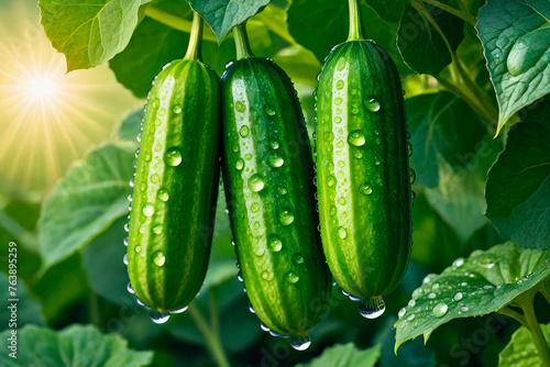 Ripe cucumbers growing on a branch in the plantation area.