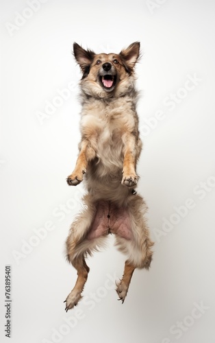 a cute dog is standing on its hind legs © zayatssv