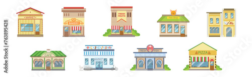 Shops Building Front and Exterior on City Street Vector Set