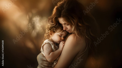 Timeless of motherhood moment between a mother and her child with   soft lighting and warm