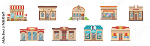 Shops Building Front and Exterior on City Street Vector Set