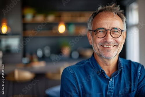 Middle age handsome man wearing blue shirt standing at home happy face smiling with crossed arms looking at the camera