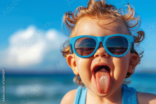 Close up portrait of adorable little boy wearing sunglasses sticking out his tongue at the beach