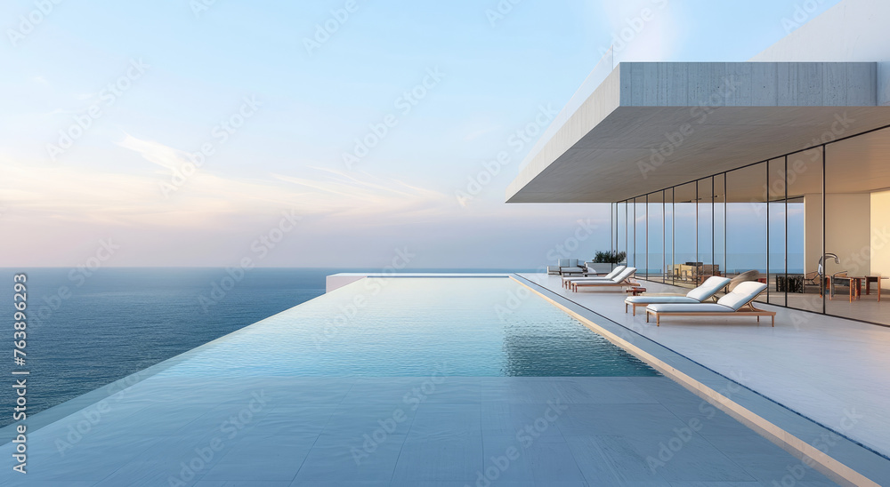 modern house with pool and terrace overlooking the ocean, with minimalist design and flat roof. white concrete walls and wood accents