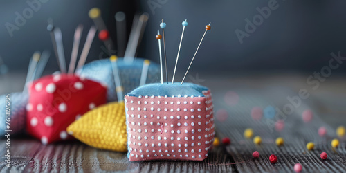 Vibrant Sewing Pincushion with Pins.  Close-up of a colorful embroidered pincushion with pin on a simple background with copy space, banner template. photo