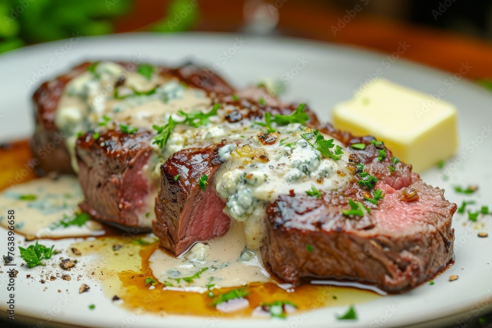 Roasted beef fillet with Gorgonzola sauce, beef fillets, ground nutmeg, flour, milk, diced Gorgonzola, chopped flat-leaf parsley, butter, served in plate Roasted beef fillet with Gorgonzola sauce, beef fillets, ground nutmeg, flour, milk, diced Gorgonzola, chopped flat-leaf parsley, butter, served in plate