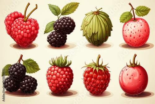 Colorful summer berries icons - blackberries, strawberries, raspberries - fresh fruit illustrations