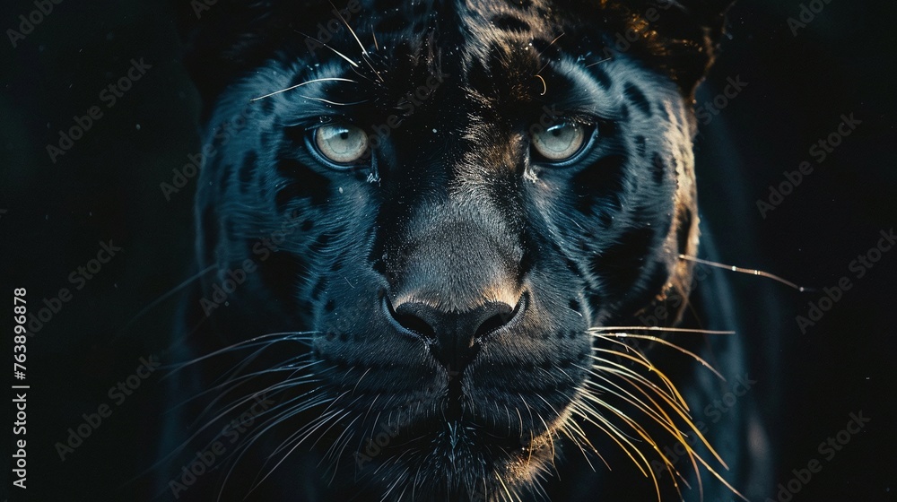 the sleek and powerful form of a black panther is showcased in a detailed closeup against a black background in this wildlife