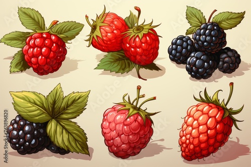 Colorful summer berry illustrations - blackberries  strawberries and raspberries