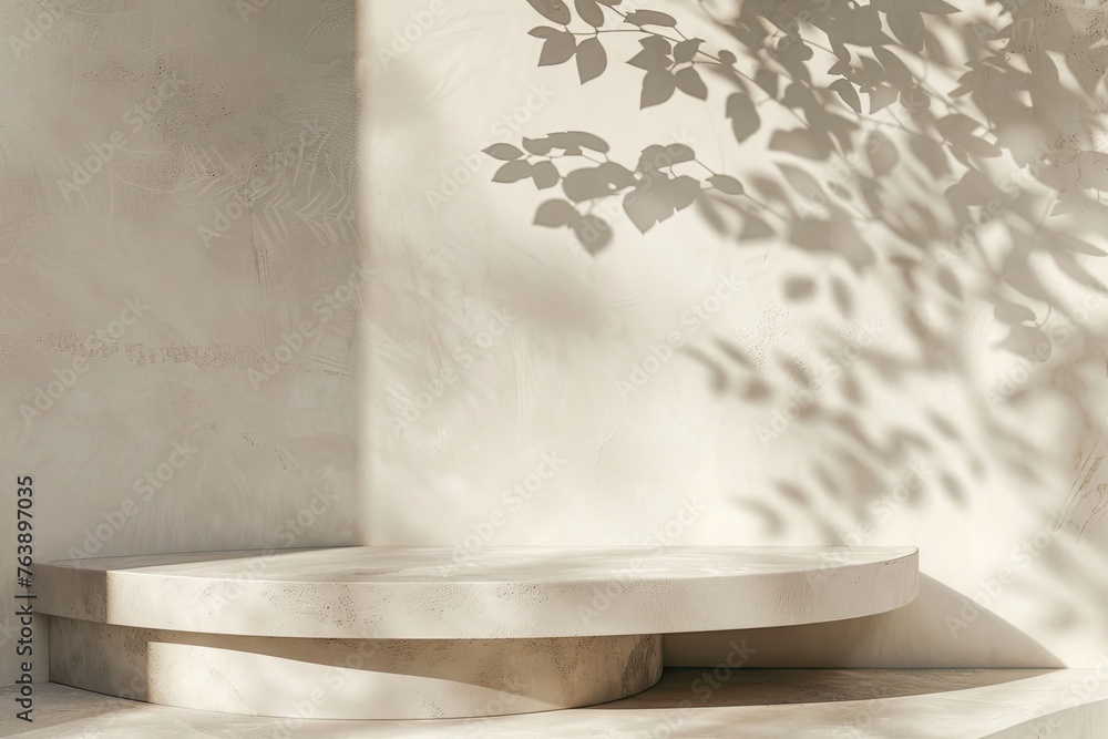Blank beige brown cement curve counter podium with texture, soft beautiful dappled sunlight, leaf shadow on white wall Blank beige brown cement curve counter podium with texture, soft beautiful dappled sunlight, leaf shadow on white wall
