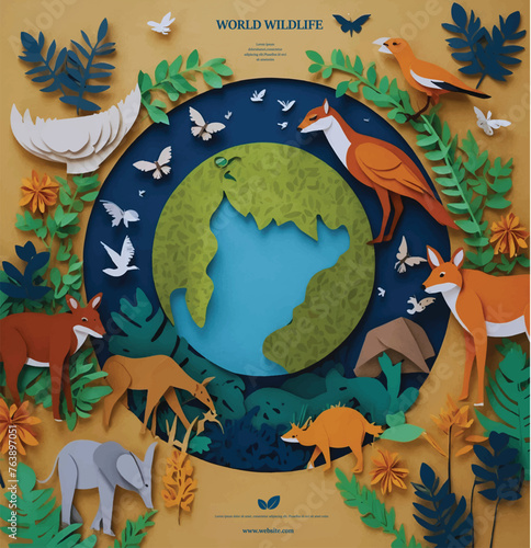 World Wildlife Day concept, different paper style animals around the earth, save animal concept