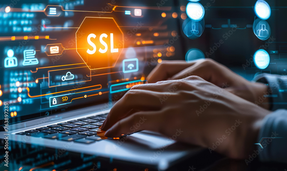 Fototapeta premium Person Using Laptop with Virtual Interface Displaying SSL (Secure Sockets Layer) and Security Icons for Encrypted Internet Communication and Data Protection