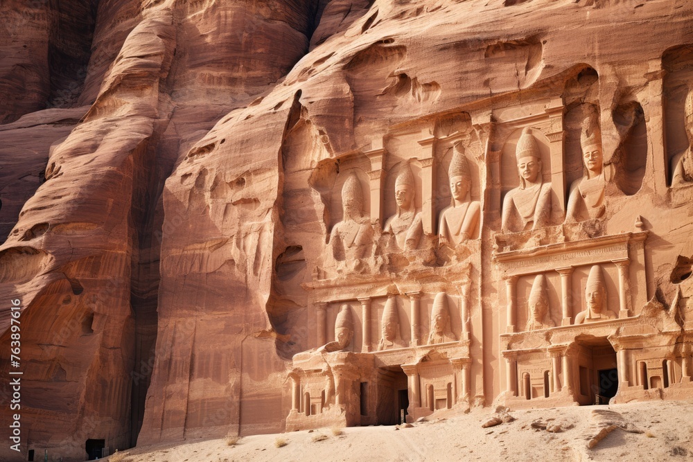 The carved reliefs on the walls of Petra, Jordan.