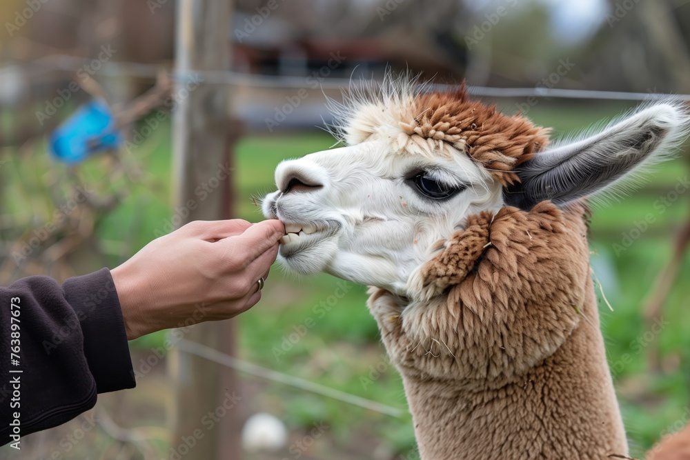 Obraz premium person inspecting alpaca teeth during a routine checkup