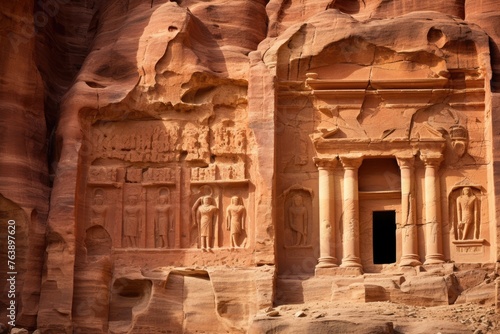 The carved reliefs on the walls of Petra, Jordan.