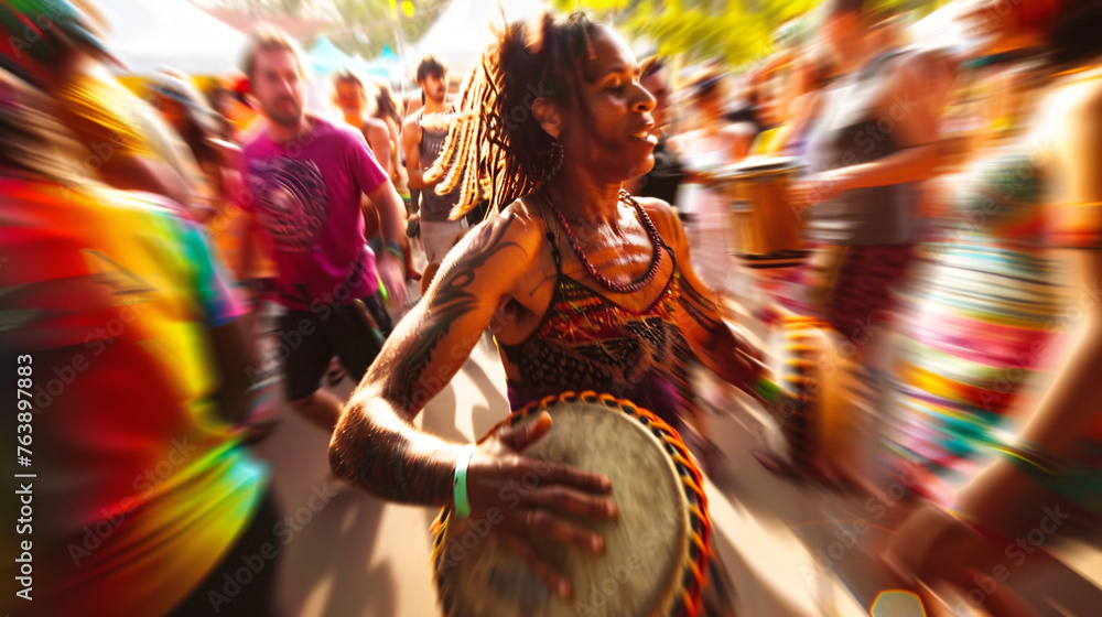 a festival-goer reveling in the vibrant energy of a drum circle, their hands beating out a rhythmic cadence - obrazy, fototapety, plakaty 