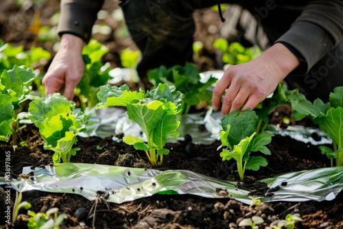 person placing reflective mulch around plants to deter aphids