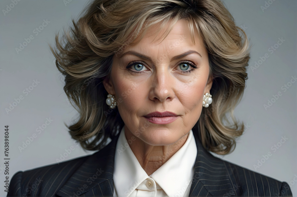 Close Up of a Mature Business Woman with a Pinstripe Jacket and White Blouse on a Grey Background Close Up of a Mature Business Woman with a Pinstripe Jacket and White Blouse on a Grey Background
