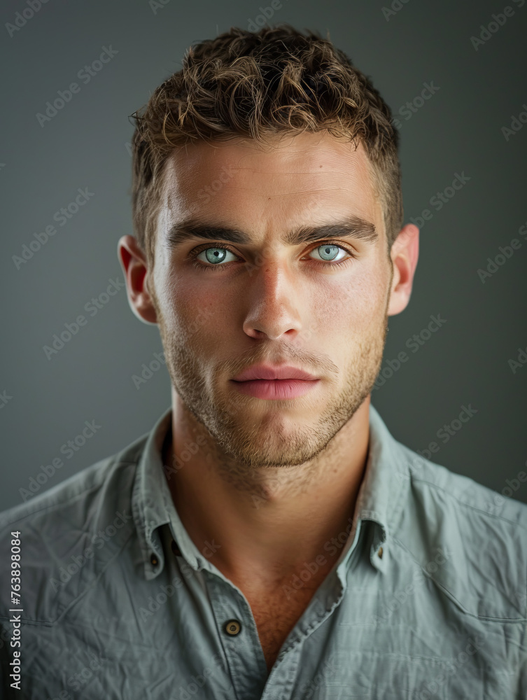 Fototapeta premium A captivating image of a blue-eyed man with curly hair peering into the camera, against a soft background