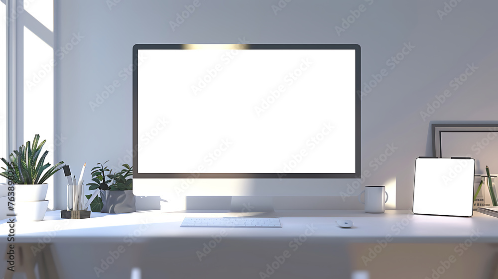 mockup close up shot with focus on banner space centered on a desk. white clean scene. Generative Ai mockup close up shot with focus on banner space centered on a desk. white clean scene. Generative Ai