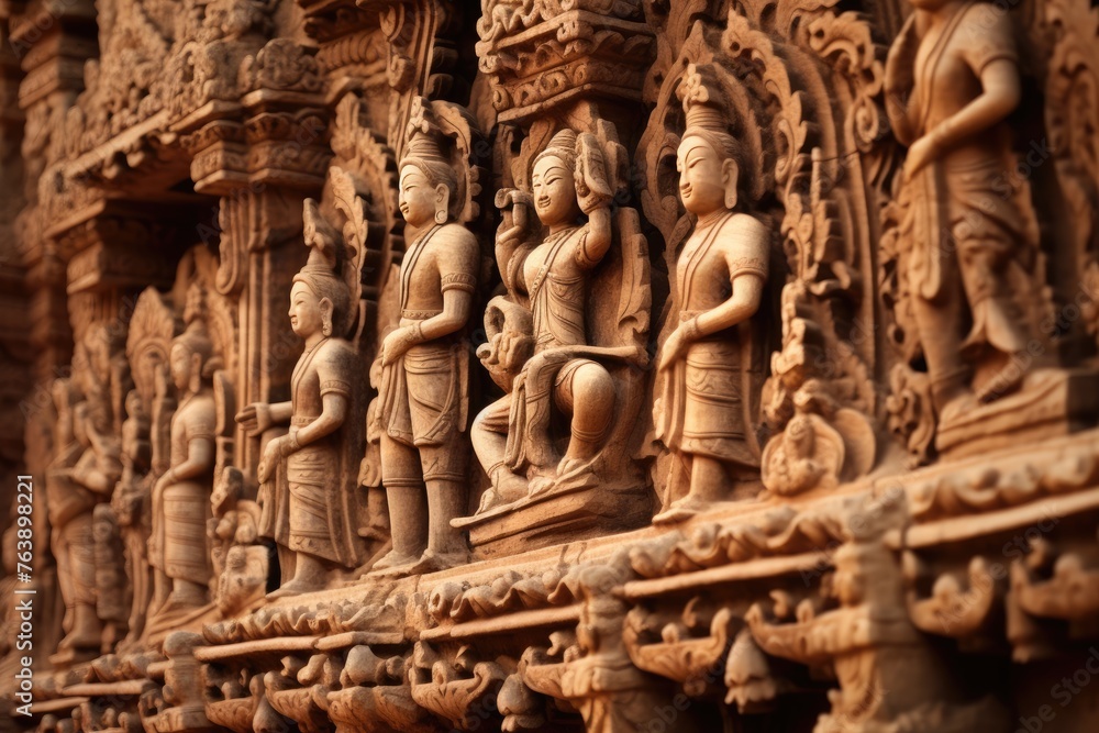 The detailed carvings on the Bagan temples in Myanmar.