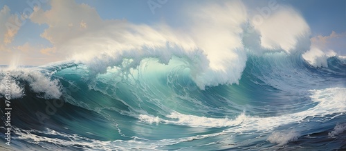 A beautiful painting depicting a massive wind wave in the ocean, with a backdrop of a cloudy sky and a distant horizon