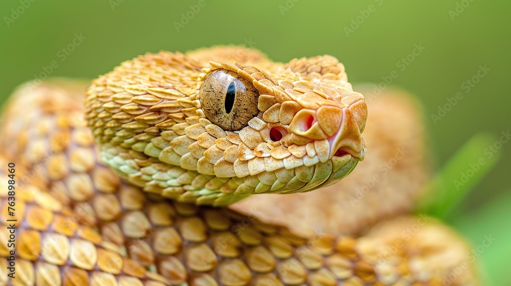 Obraz premium the green rattlesnake a master of disguise shown in a detailed closeup with a matching green background
