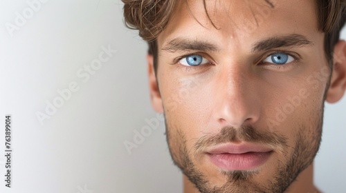 closeup of a handsome man with piercing blue eyes on a white background with ample copy space for text