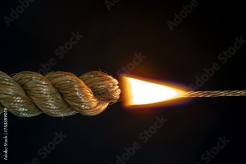 closeup of a lit rope fuse on black background