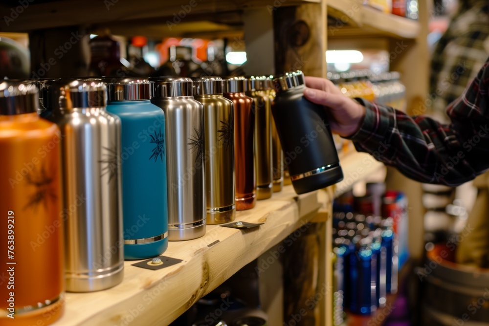 assortment of insulated flasks displayed with customer choosing one - obrazy, fototapety, plakaty 