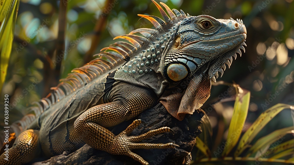 Fototapeta premium an iguana camouflage among the green leaves of the amazon rainforest showcased in a vibrant closeup