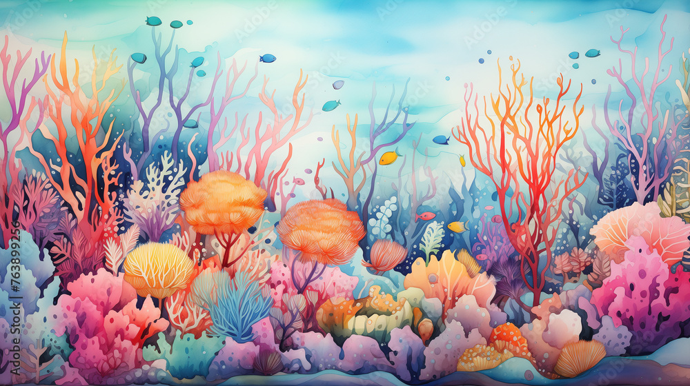 Vivid and vibrant, the underwater scene depicted in the watercolor painting showcases a diverse array of coral reef life.