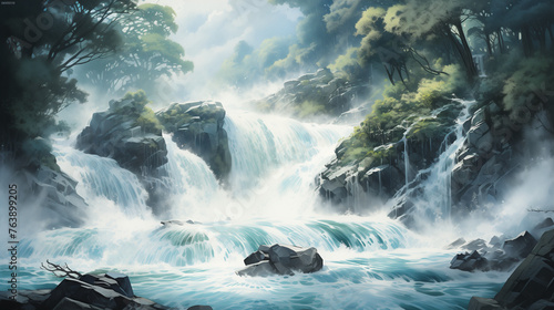 In the watercolor painting  a serene waterfall cascades through a lush forest oasis  surrounded by vibrant foliage and rocks.