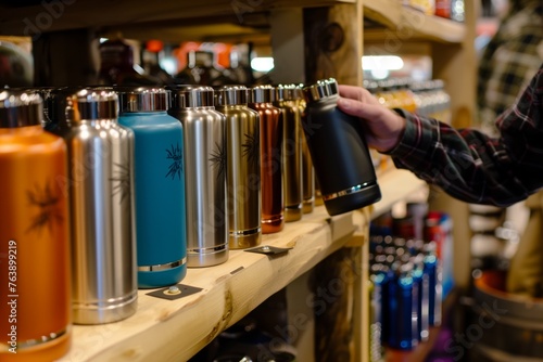 assortment of insulated flasks displayed with customer choosing one