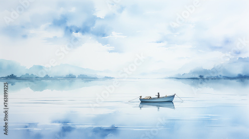 A watercolor illustration depicts a serene lake with a minimalist boat, reflecting the gentle hues of dawn or dusk.