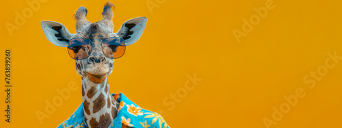 The giraffe is looking at the camera and he is smiling. Banner poster of funny animal black friday special sale offer isolated on yellow color background. Copy space for your text. funny animals card
