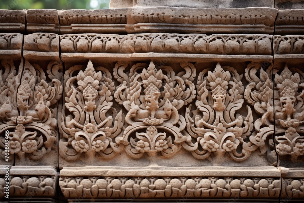 The intricate patterns on the Angkor Wat temple in Cambodia.