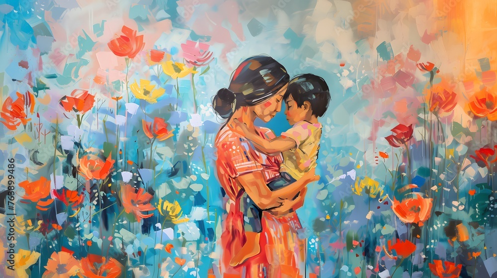 Fototapeta premium Timeless of motherhood moment between a mother and her child with surrounded by vibrant floral and soft pastel colors