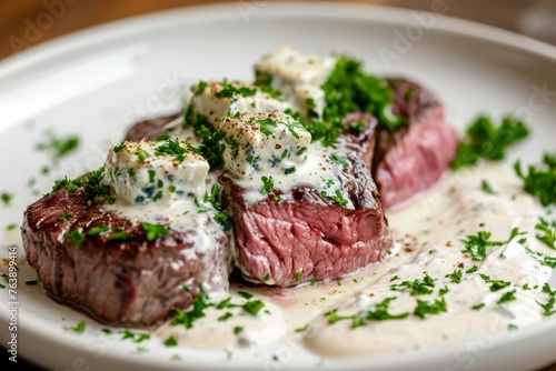 Roasted beef fillet with Gorgonzola sauce, beef fillets, ground nutmeg, flour, milk, diced Gorgonzola, chopped flat-leaf parsley, butter, served in plate