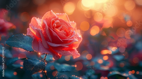 This is a fantasy rose with a light blurred bokeh. It is a romantic evening atmosphere with a rose garden, rose bouquet, and flowers. This is a 3D render. Raster illustration.