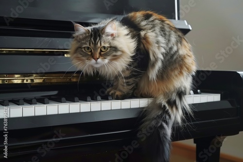 fluffy cat with tip of tail tiptoeing across black piano keys photo