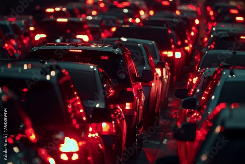 traffic jam with endless row of red tail lights photo