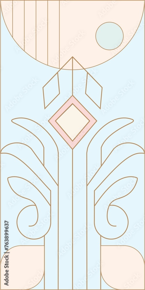 An elegant abstract composition of geometric contour and filled elements in the Art Deco style in pastel colors. Digital illustration is suitable for branding, advertising, corporate identity