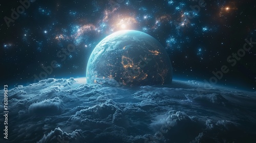 3D illustration of a planet unlike ours, an exoplanet in outer space, and an alien planet in far space. Fantasy landscape, galaxy, unknown planet, neon space galaxy portal. photo