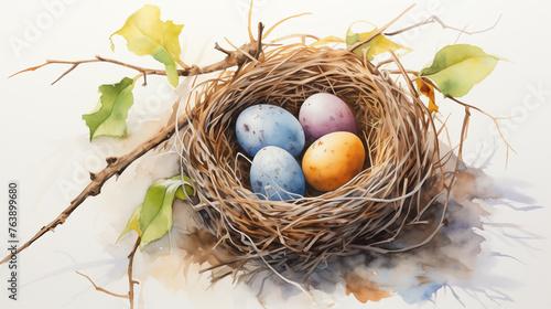 In the digital watercolor illustration, a nest with three bird eggs symbolizes new life amidst vibrant spring foliage.