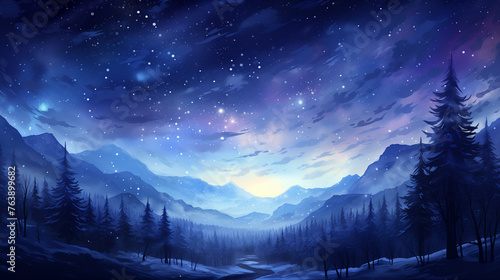 A misty forest landscape is portrayed in the watercolor painting as the night unfolds  with a vibrant  color-shifting sky illuminated by a myriad of stars in this digital artwork.