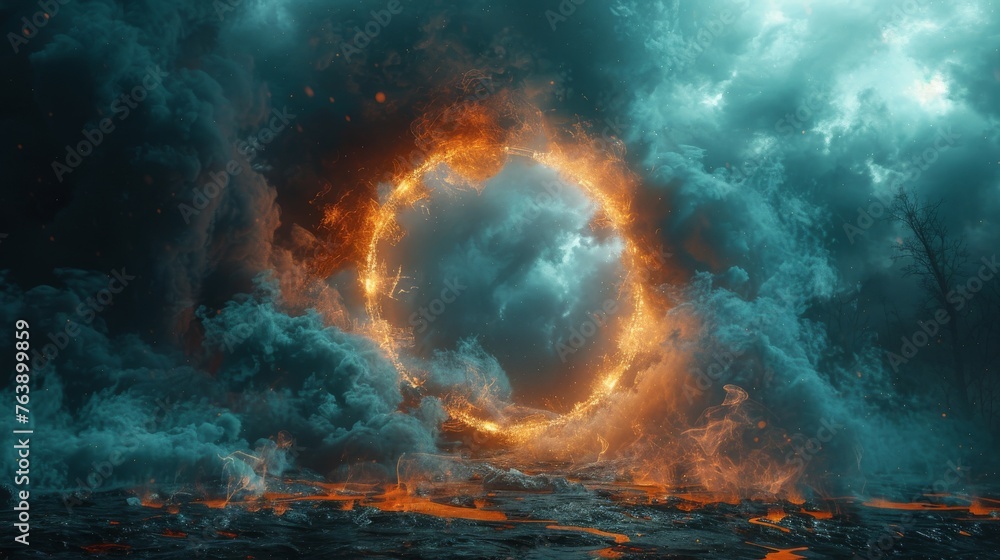 Three-dimensional render, raster illustration of a portal between dimensions. Fantasy portal effect. Smoke in a circle formation. Science fiction universe exploration. - obrazy, fototapety, plakaty 