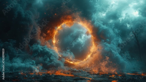 Three-dimensional render, raster illustration of a portal between dimensions. Fantasy portal effect. Smoke in a circle formation. Science fiction universe exploration.