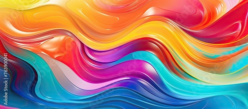 An artistic painting of a vibrant wave in shades of azure, purple, violet, aqua, and magenta. The liquidlike artwork resembles a colorful organism on the wall