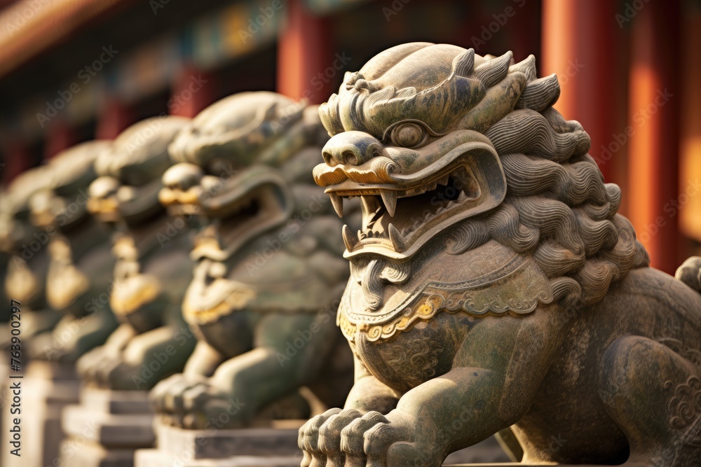A detailed shot of the lion statues at the Forbidden City in Beijing, China.